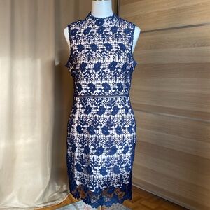 Just Me Women’s Lace Sheath Dress Size L Navy Blue Sleeveless Floral Overlay